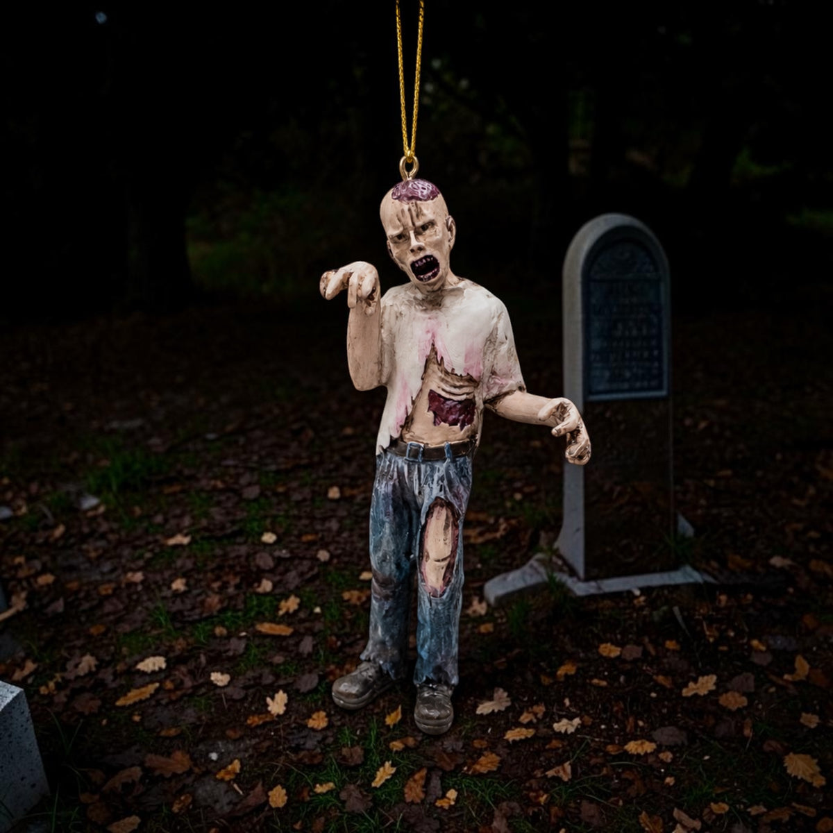 Halloween-Emporium undead zombie hanging ornament with realistic textures, tattered clothing, and a haunting finish.