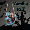Halloween-Emporium pale blue zombie head trick or treat pail with decaying skin textures and a sturdy rope handle