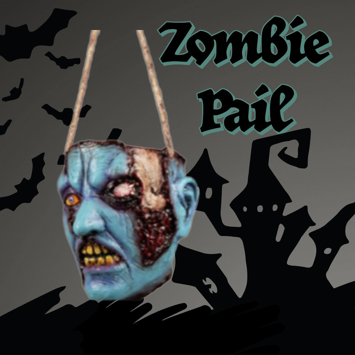 Halloween-Emporium pale blue zombie head trick or treat pail with decaying skin textures and a sturdy rope handle