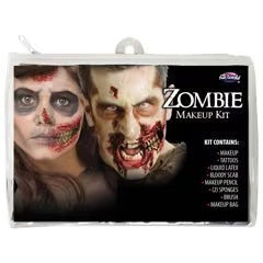 Halloween-Emporium zombie makeup kit in a clear bag featuring realistic gore effects and included application tools