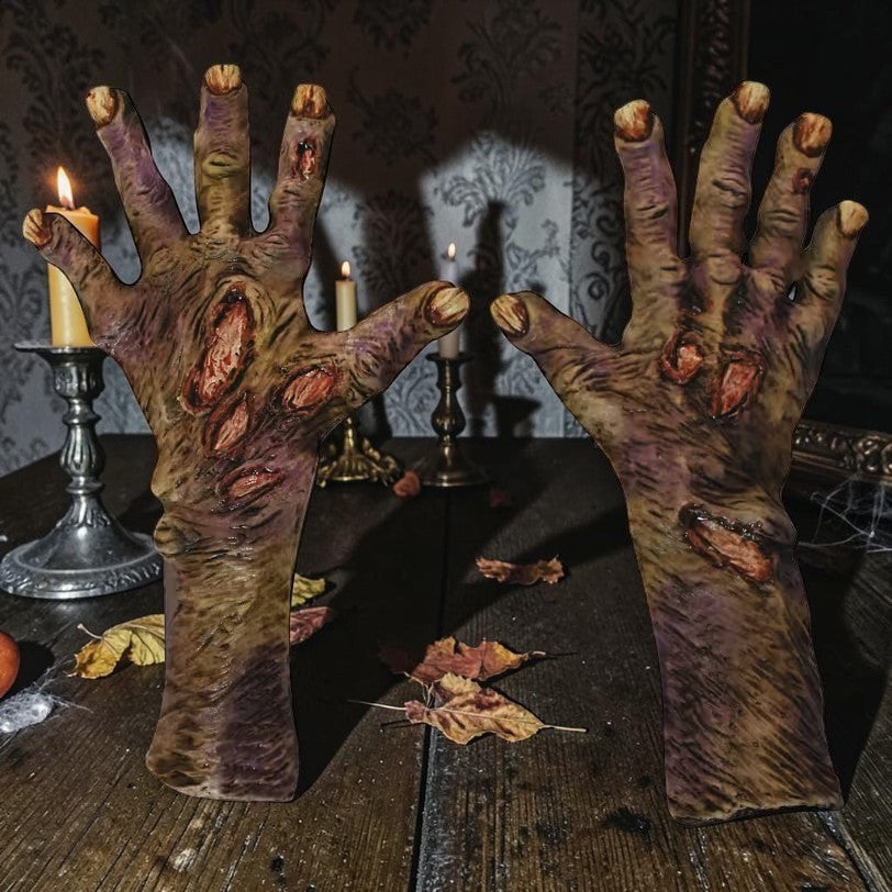 Halloween-Emporium adult zombie rotted hands with realistic decaying skin, infected wounds, and yellowed fingernails.