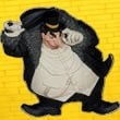 Halloween-Emporium DC Direct The Penguin vinyl figure wearing a black coat and top hat on a yellow brick background.