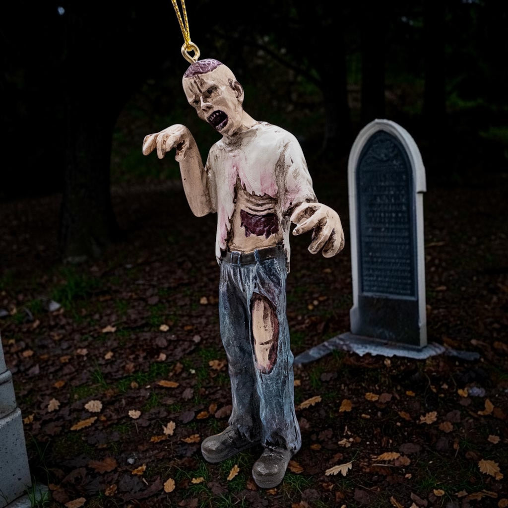 Halloween-Emporium undead zombie hanging ornament with realistic tattered clothing and exposed detail for spooky decor.