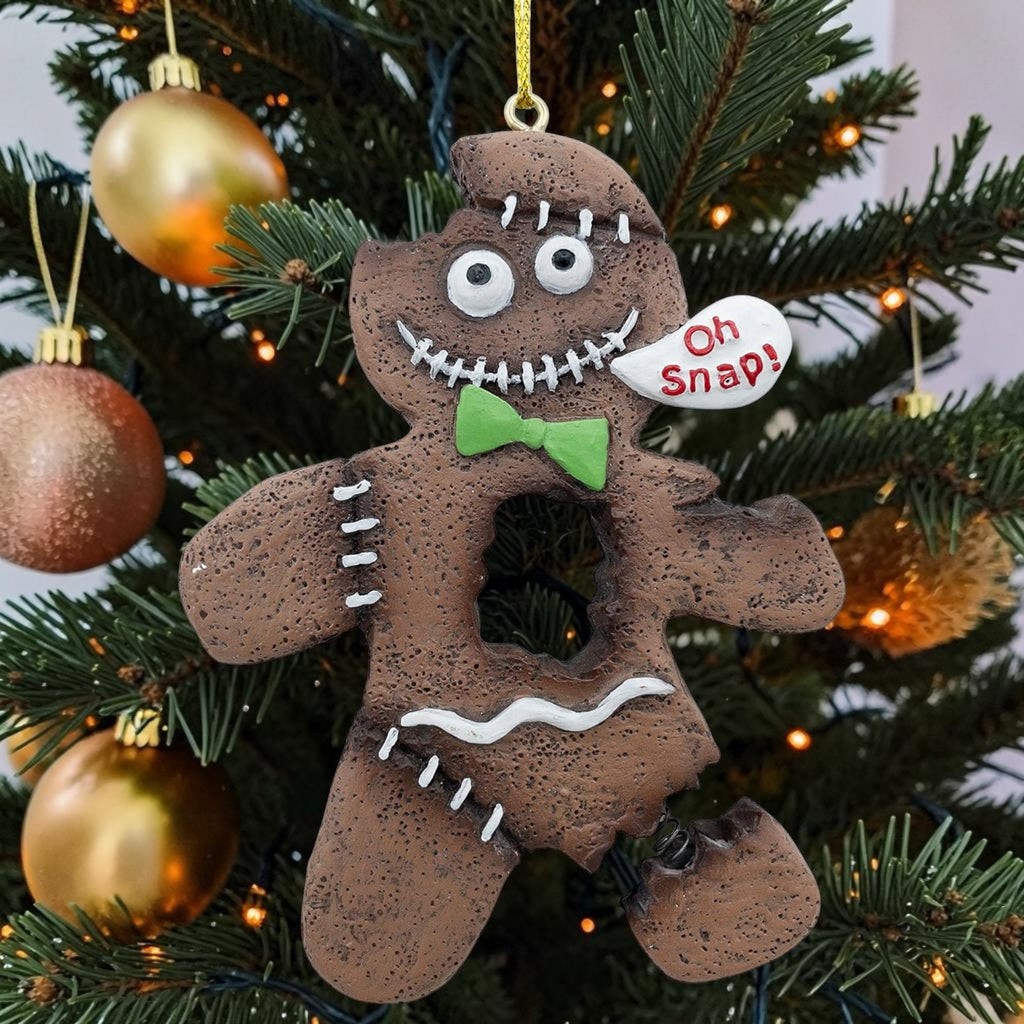 Halloween-Emporium spooky gingerbread man ornament with stitched details, green bow tie, and Oh Snap speech bubble.