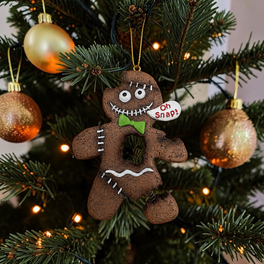 Halloween-Emporium spooky gingerbread man ornament with stitched details, green bow tie, and Oh Snap speech bubble.