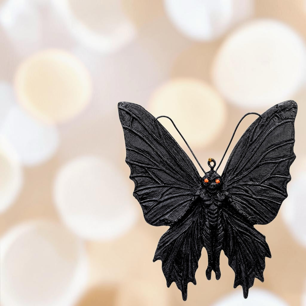 Halloween-Emporium gothic black moth hanging ornament with textured wings and glowing red eyes