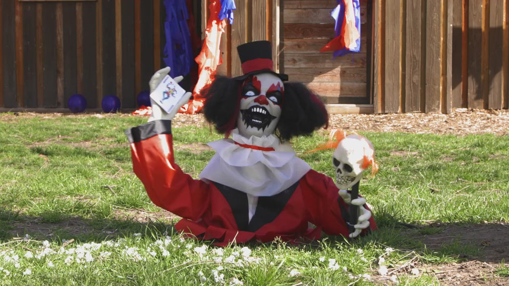 19 1/2” Groundbreaker Animated Black, Red & White Clown Halloween Decoration