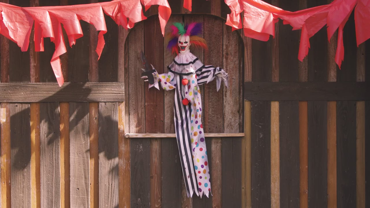 4 Ft. Hanging Animated Clown with Multicolored Hair Halloween Decoration